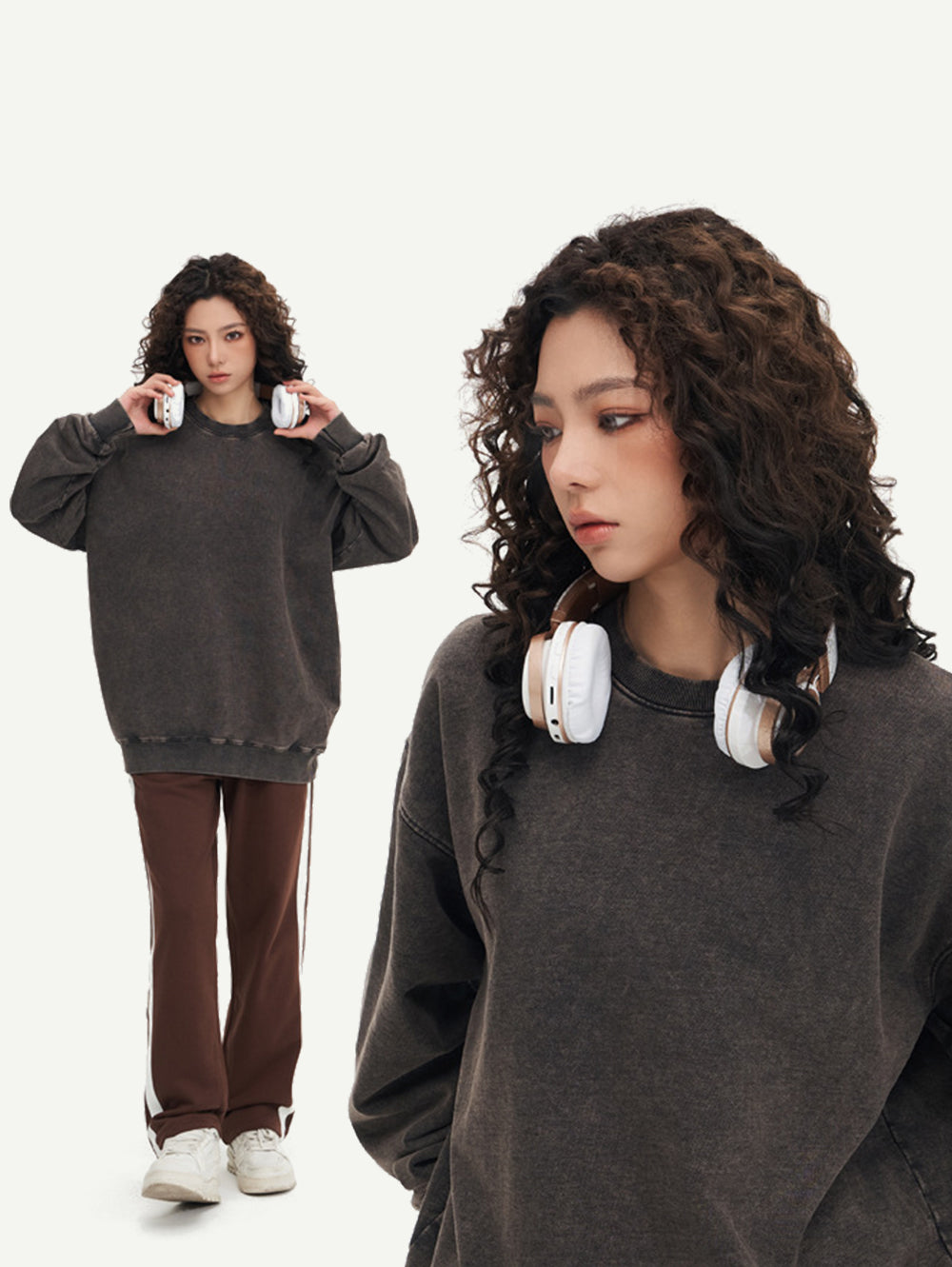 Washed vintage crew neck sweatshirt, loose-fit black pullover for couples