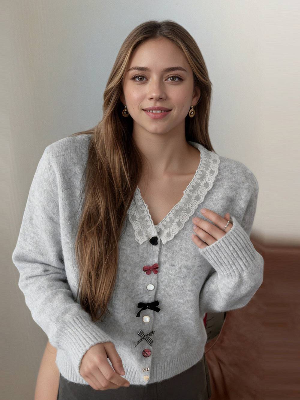 Sweet gentle style loose lace V-neck cardigan knit jacket