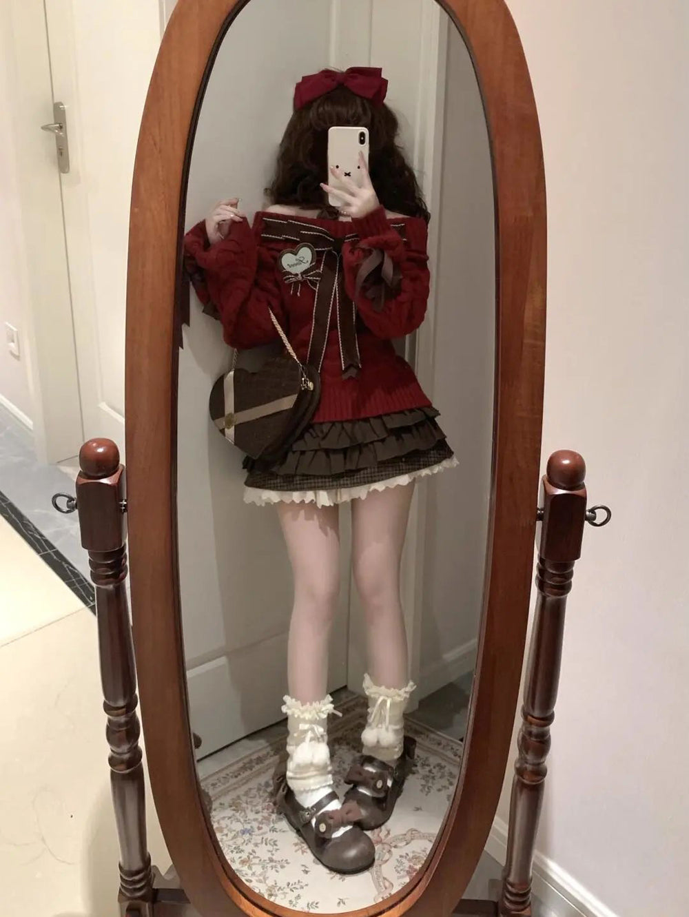Sweet Girly Bow Two-Piece Outfit, Soft Off-Shoulder College Style Knit Top & Mini Skirt