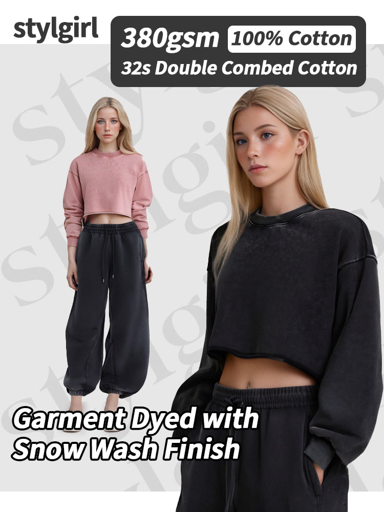 Distressed Snowflake Crew Neck Raw Edge Cropped Sweatshirt