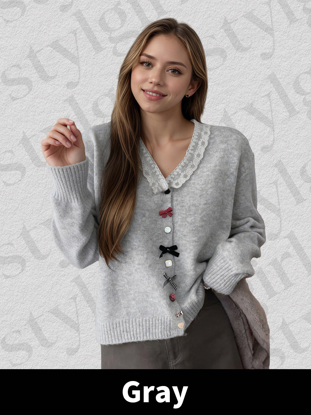 Sweet gentle style loose lace V-neck cardigan knit jacket