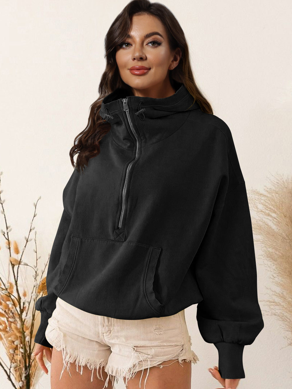 Zip Up Drawstring Long Sleeve Sports Hooded Jacket