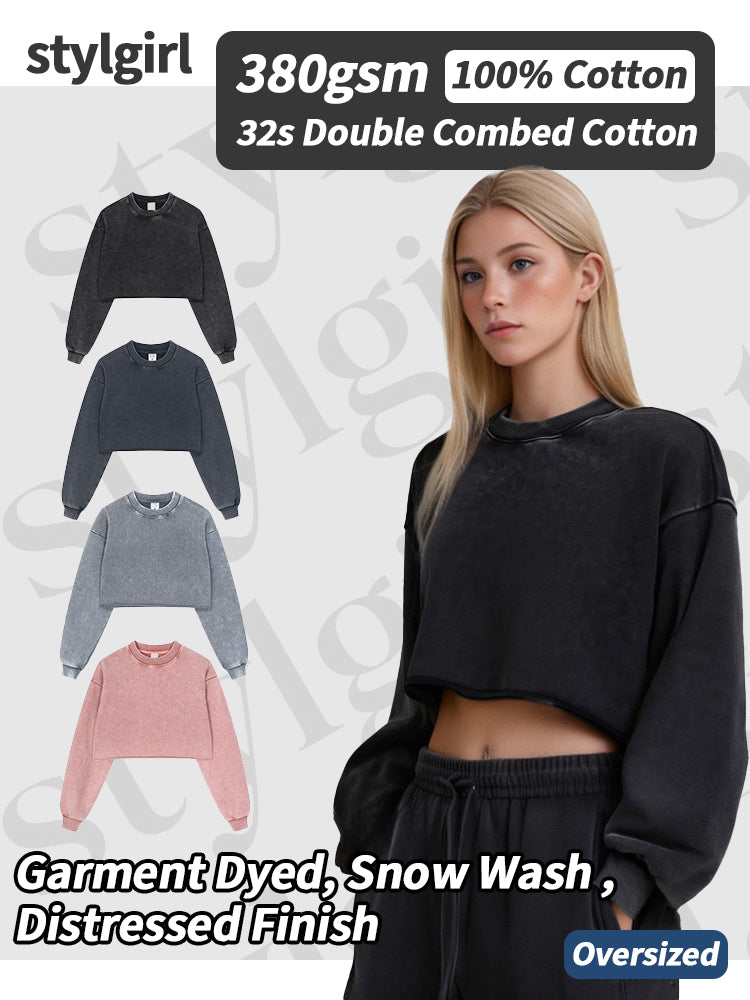 Distressed Snowflake Crew Neck Raw Edge Cropped Sweatshirt