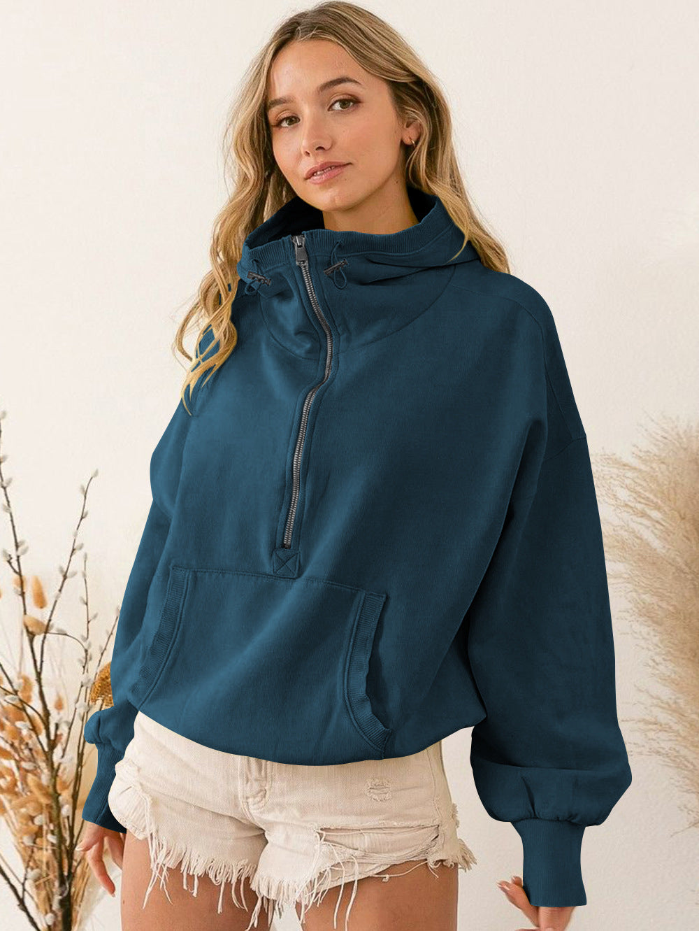 Zip Up Drawstring Long Sleeve Sports Hooded Jacket