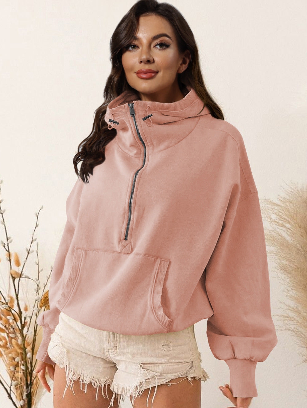 Zip Up Drawstring Long Sleeve Sports Hooded Jacket