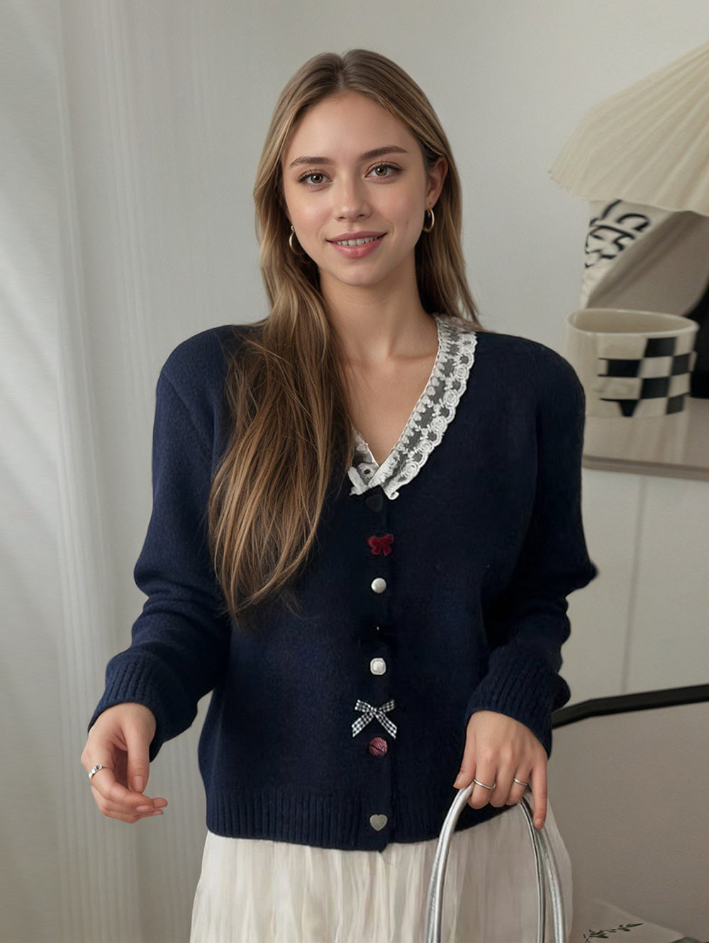 Sweet gentle style loose lace V-neck cardigan knit jacket