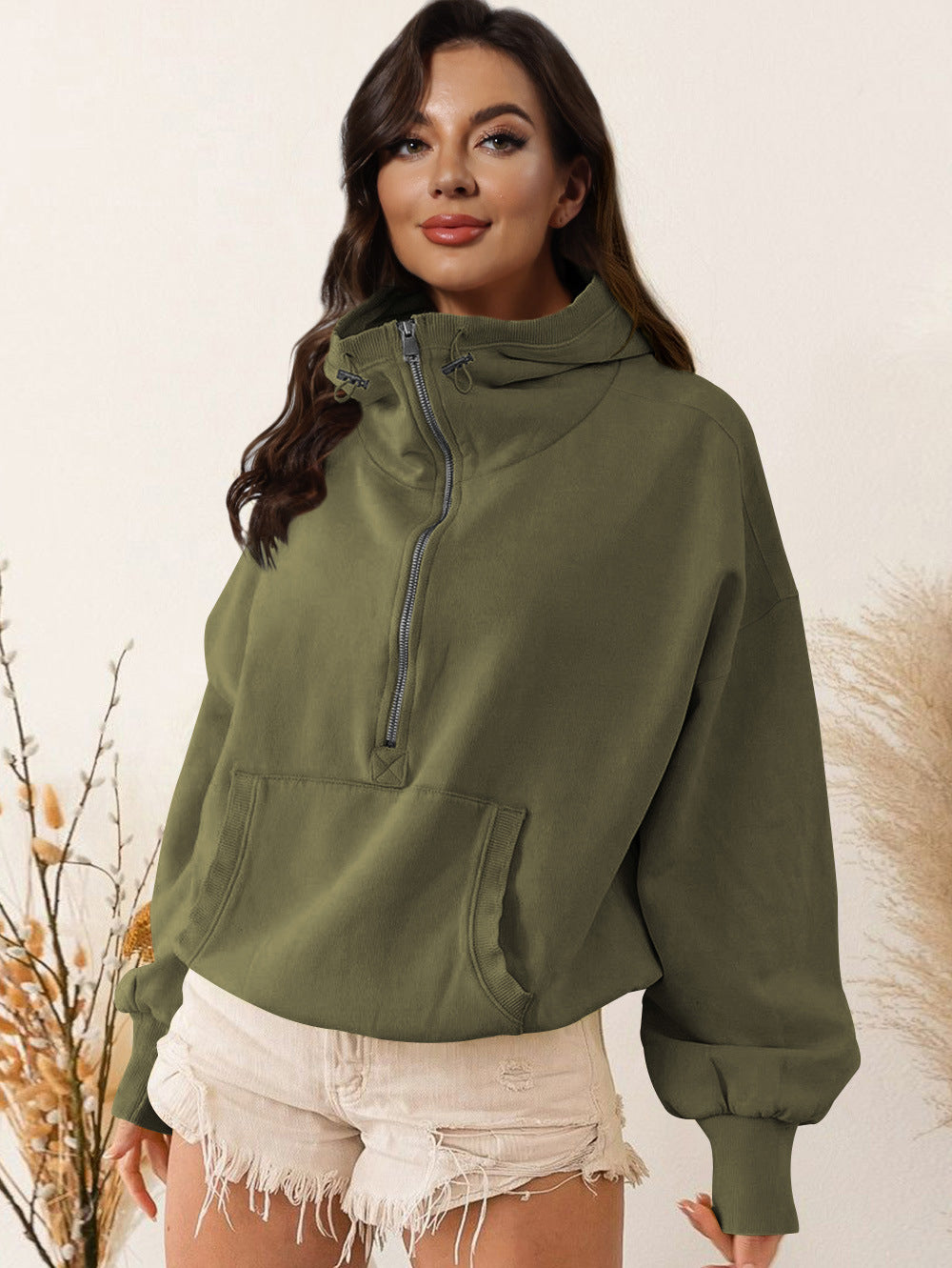 Zip Up Drawstring Long Sleeve Sports Hooded Jacket