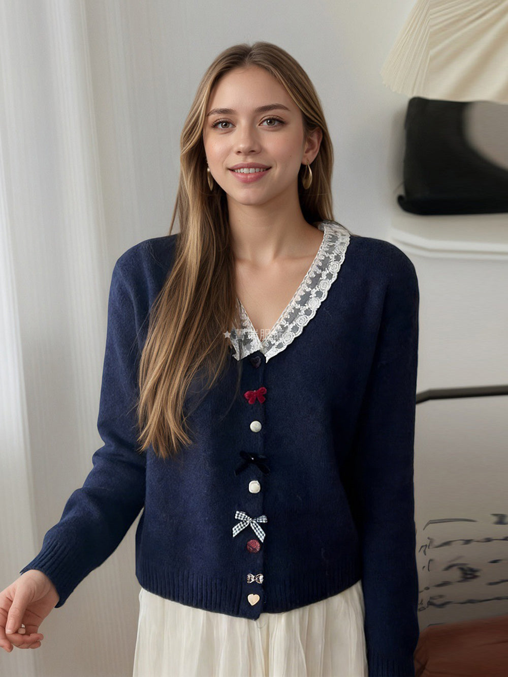 Sweet gentle style loose lace V-neck cardigan knit jacket