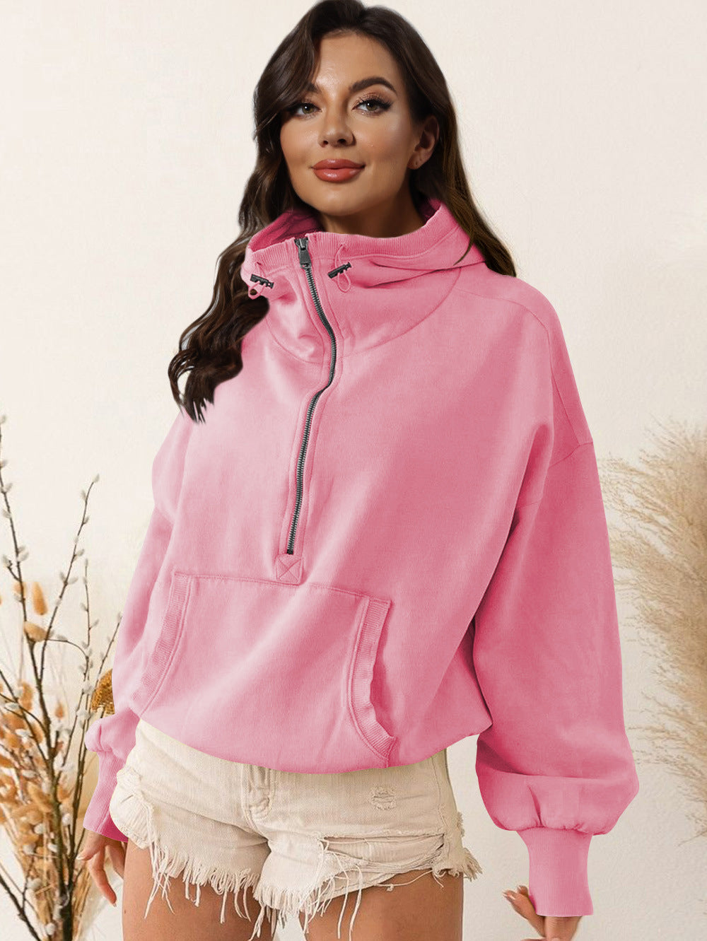 Zip Up Drawstring Long Sleeve Sports Hooded Jacket