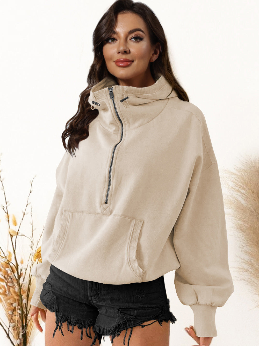 Zip Up Drawstring Long Sleeve Sports Hooded Jacket