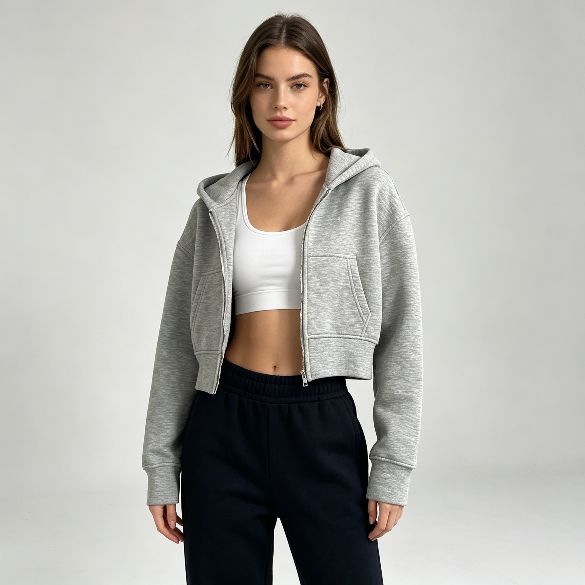 Gray-Cool Girl Zip Up Cropped Hoodie