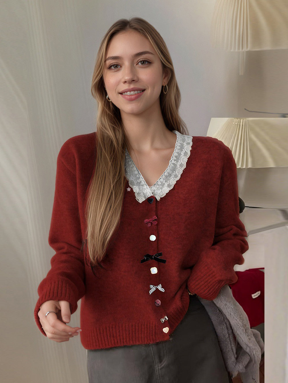 Sweet gentle style loose lace V-neck cardigan knit jacket