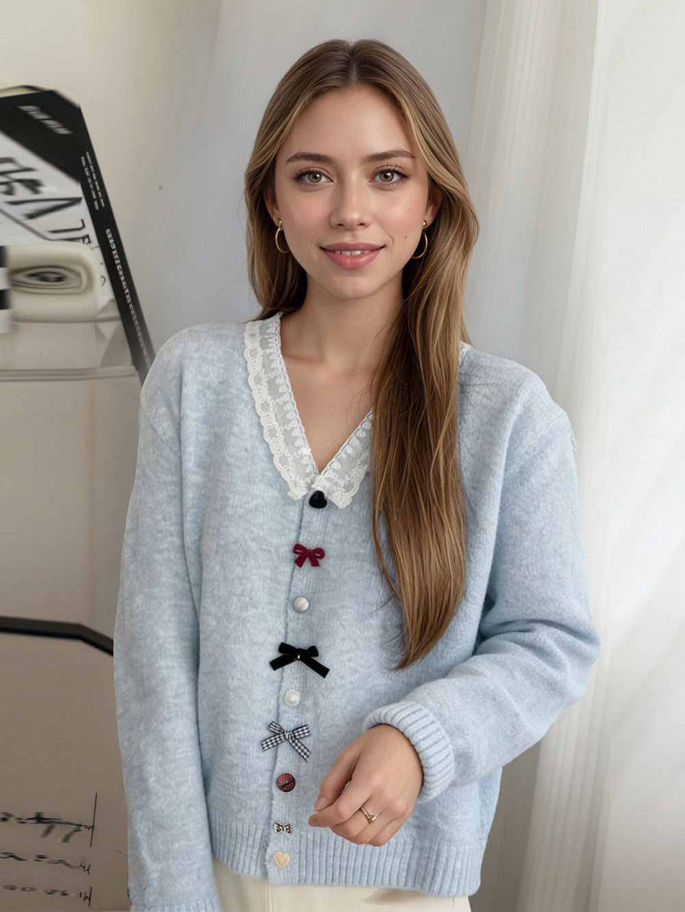 Sweet gentle style loose lace V-neck cardigan knit jacket