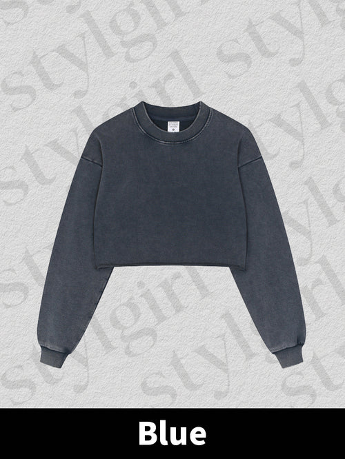 Distressed Snowflake Crew Neck Raw Edge Cropped Sweatshirt
