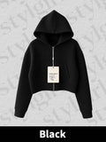 Black-Cool Girl Zip Up Cropped Hoodie
