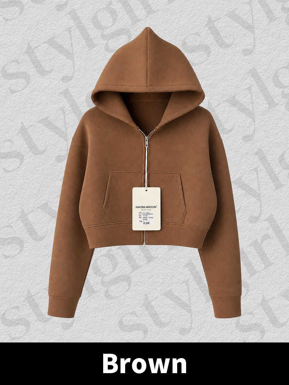 Brown-Cool Girl Zip Up Cropped Hoodie