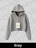 Gray-Cool Girl Zip Up Cropped Hoodie