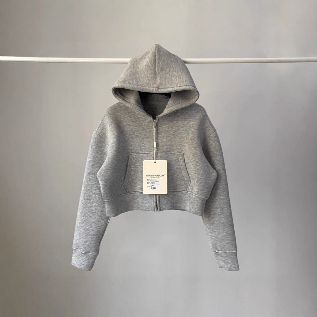 Gray-Cool Girl Zip Up Cropped Hoodie